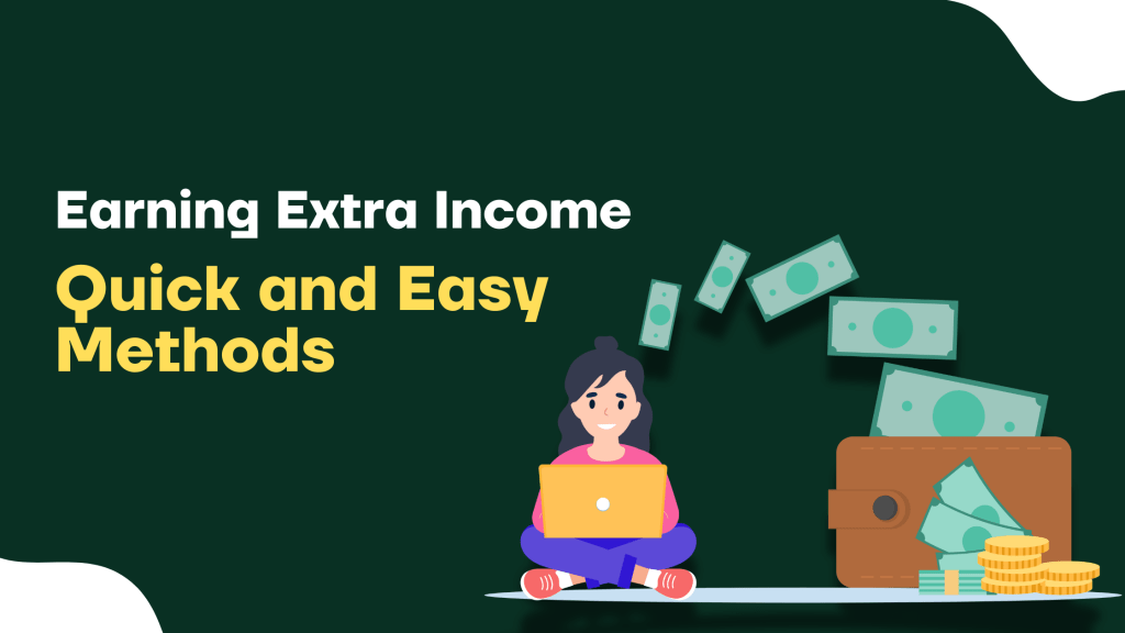 Woman working on a laptop with cash and wallet illustration, representing quick and easy methods to earn extra income online from home.