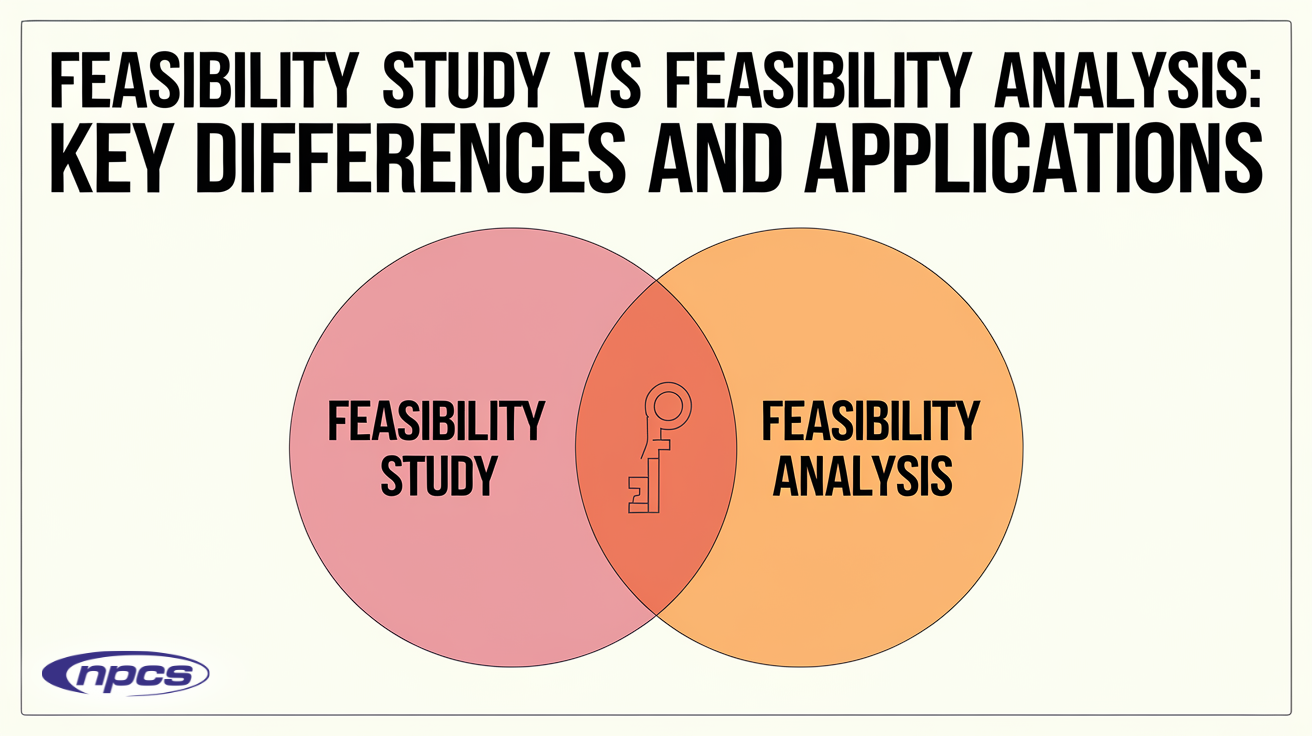 Venn diagram comparing feasibility study and feasibility analysis, showcasing their key differences and overlapping applications.