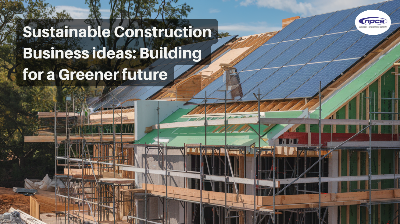 Sustainable construction site with solar panels and eco-friendly building materials.