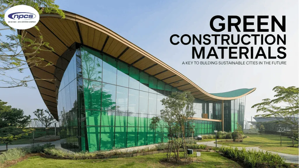 Green construction materials like bamboo, recycled steel, fly ash bricks and sustainable insulation used in eco-friendly buildings