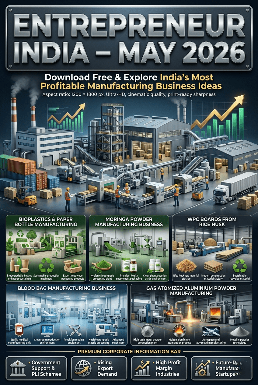 Entrepreneur India May 2026 PDF featuring profitable manufacturing business ideas in India