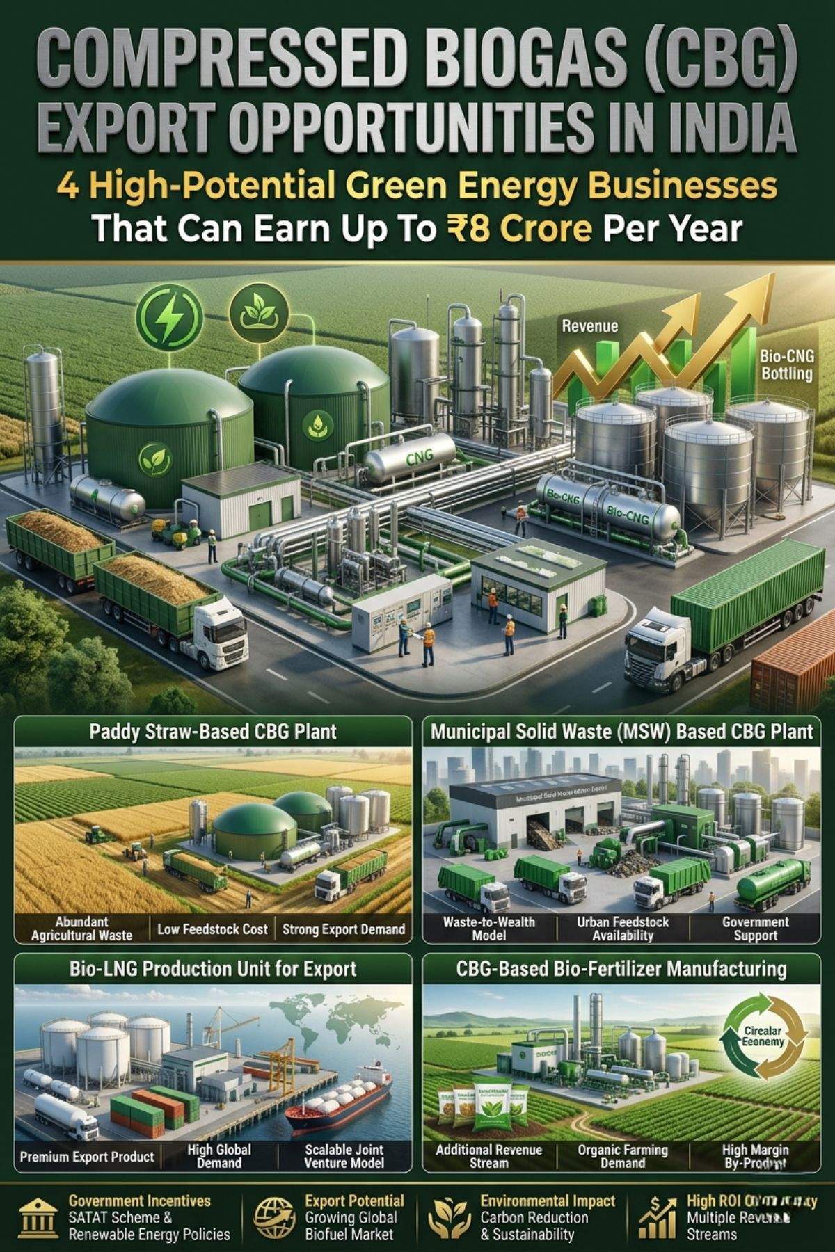 Compressed biogas plant in India producing renewable energy from agricultural waste for export opportunities