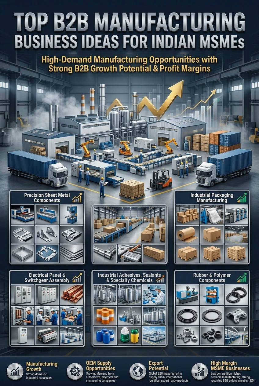 Top B2B Manufacturing Business Ideas for Indian MSMEs including sheet metal, industrial packaging, electrical panels, adhesives, and rubber components.