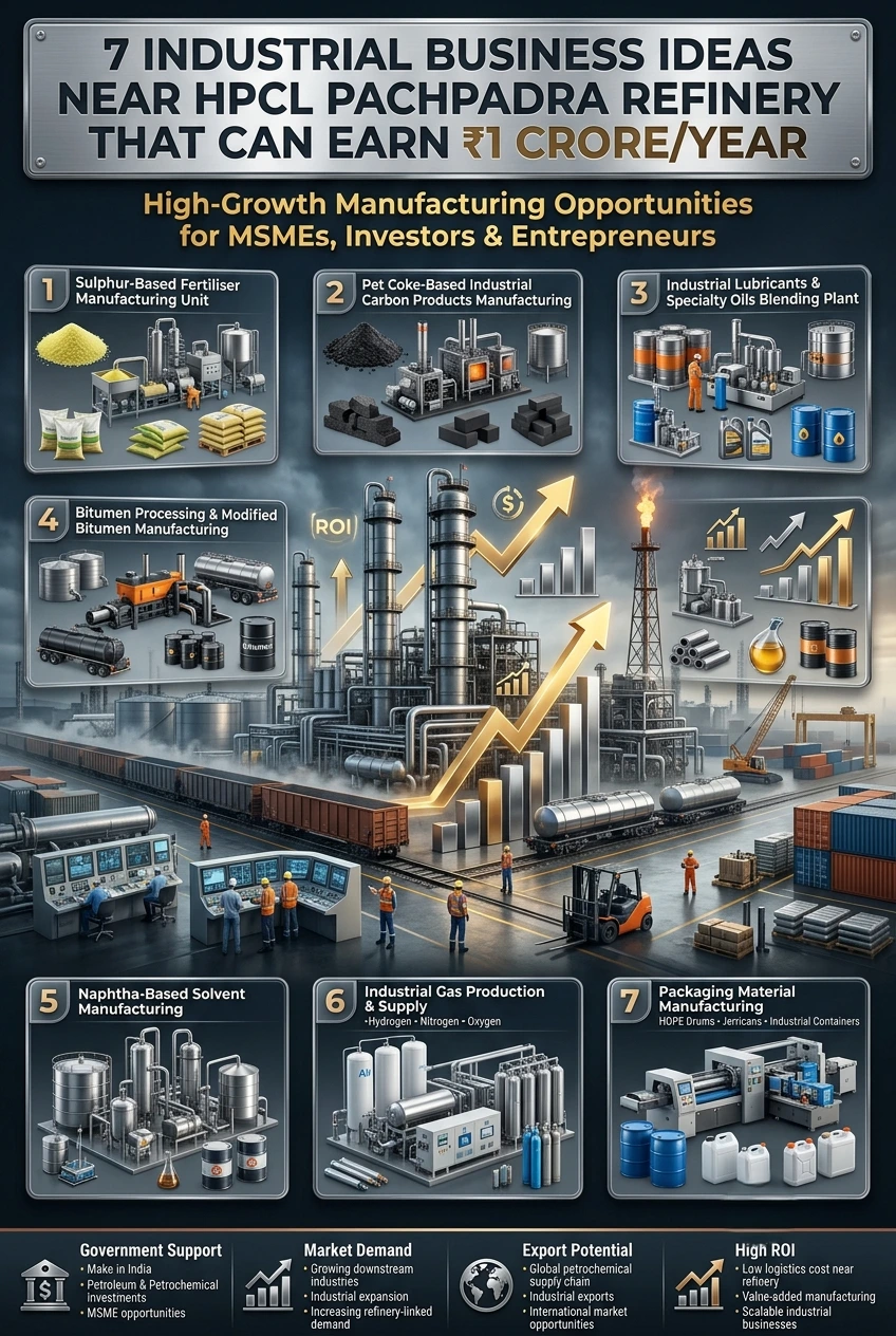 An industrial illustration showcasing business opportunities near Pachpadra Refinery, including petrochemical manufacturing, lubricants, bitumen processing, industrial gases and HDPE packaging.