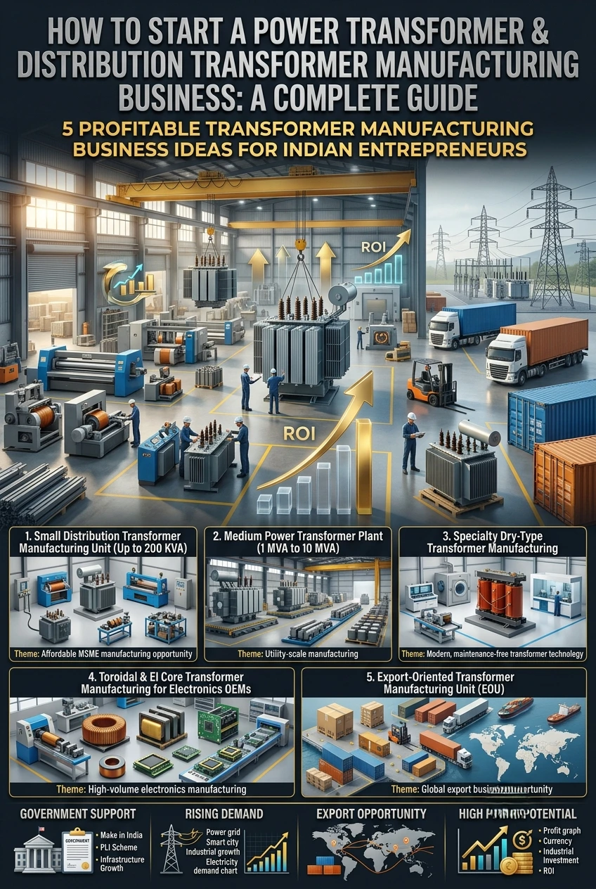 A modern industrial transformer manufacturing facility showing power transformers, distribution transformers and electrical equipment used in India's growing power infrastructure and renewable energy sector.